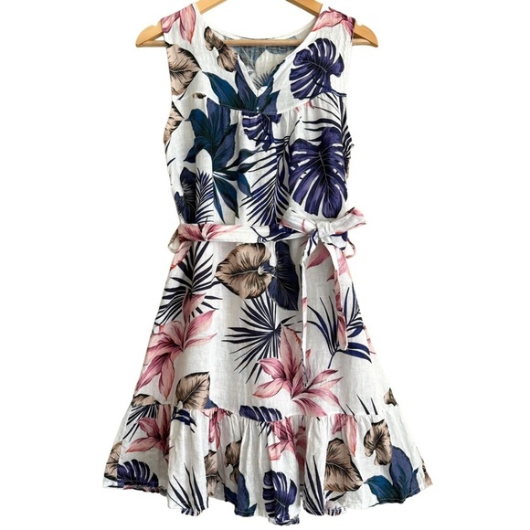 LUNGO LARNO 100% Linen Colorful Floral Tropical Hawaiian Belted A-Line Dress S - Picture 1 of 8